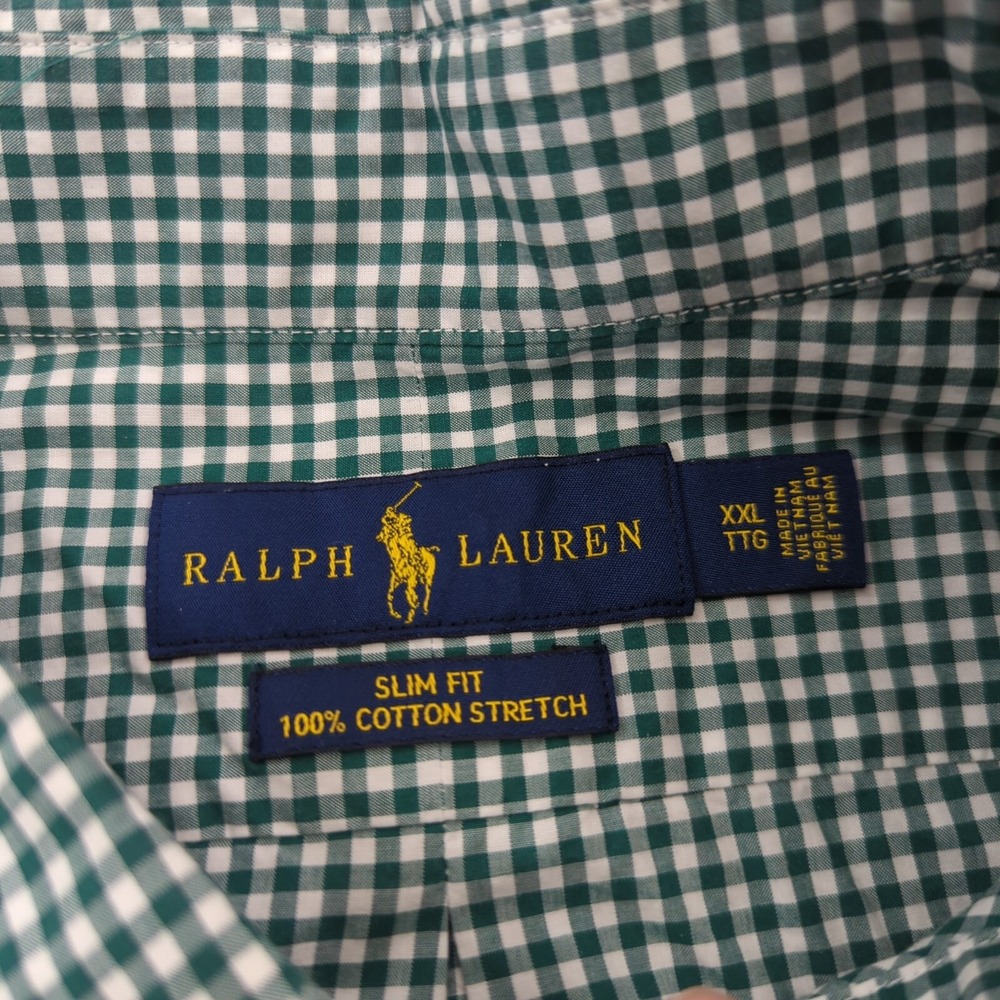 Ralph Lauren Button Down Shirt Mens XXL Green Gingham Slim Fit Stretch Pony - Picture 5 of 10